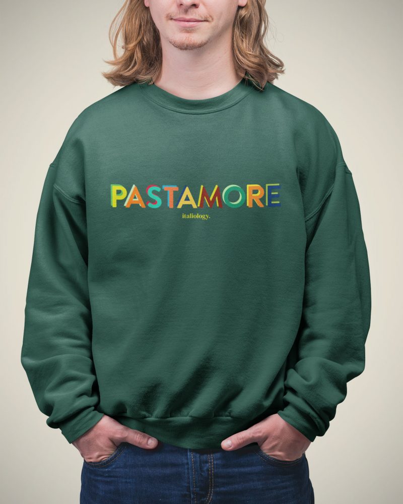 man in bottle green pasta amore sweatshirt