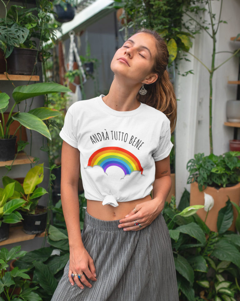 woman in white rainbow t-shirt