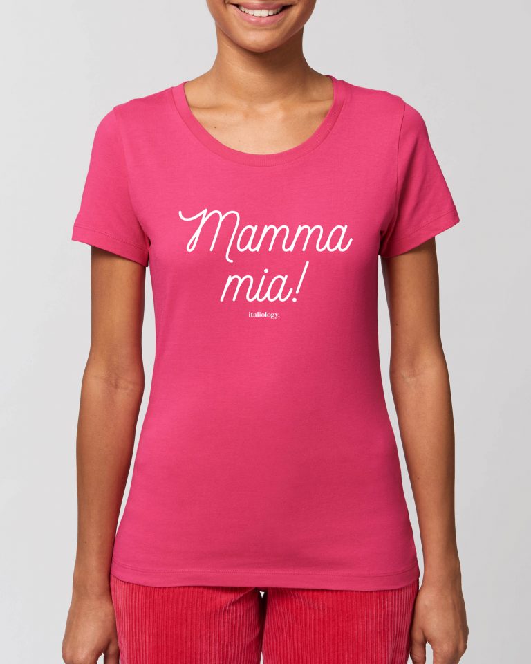 woman wearing pink mamma mia t-shirt