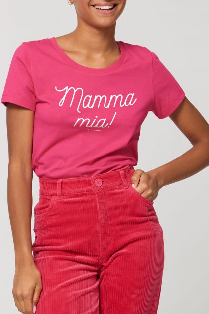 woman wearing pink mamma mia t-shirt