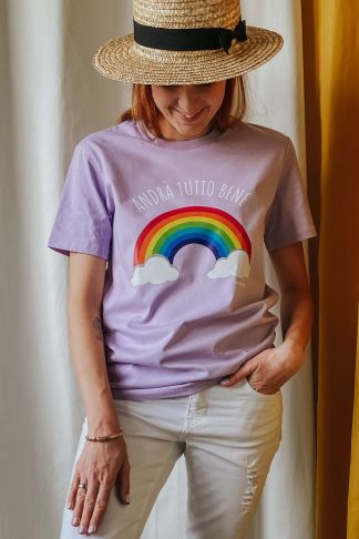 woman wearing lavender tee with rainbow