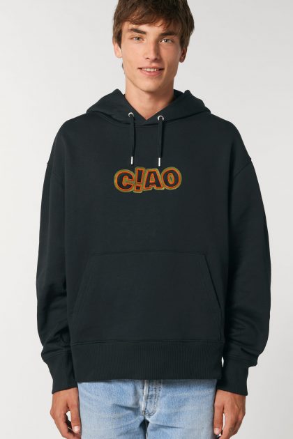man wearing black oversize ciao hoodie