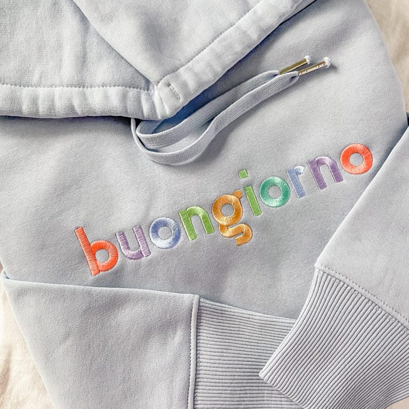 detail of sky blue buongiorno hoodie