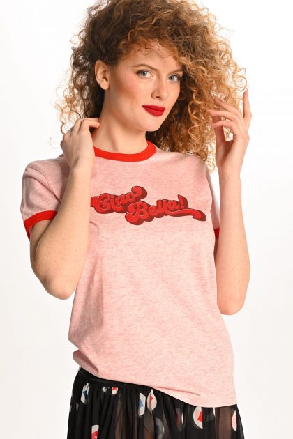 woman wearing pink ciao bella tshirt