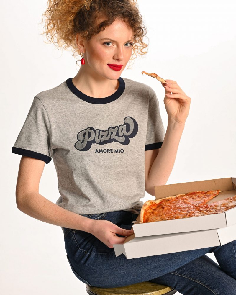 woman wearing grey pizza tshirt