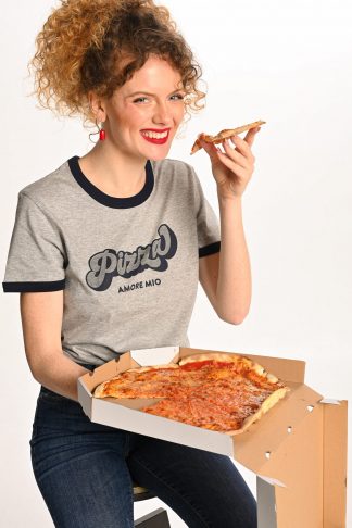 woman wearing grey pizza tshirt